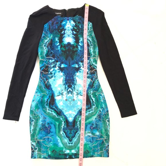 Bebe Women Blue Black Color block Long Sleeve Body cone Dress size XS Stretch AS - Picture 6 of 13